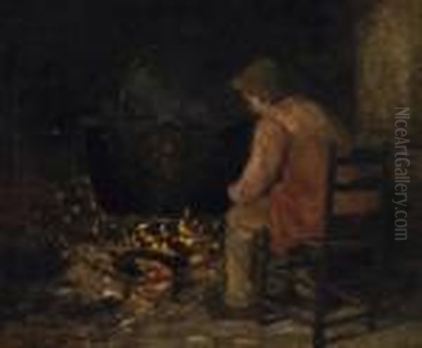 By The Fire. Signed Lower Left: Evert Pieters Oil Painting by Evert Pieters