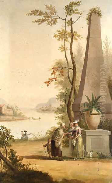 A Fortune Teller and other Figures in extensive river Landscapes Oil Painting by Pieter Norbertus Van Reysschoot