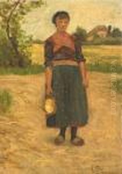 Farmer Girl. Oil On Cardboard. Signed Oil Painting by Evert Pieters