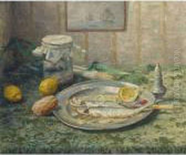 A Kitchen Still Life With Fish And Lemon Oil Painting by Evert Pieters