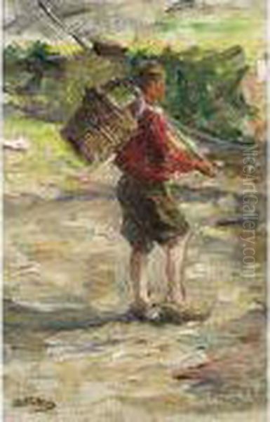 A Boy On Wooden Shoes Carrying A Basket Oil Painting by Evert Pieters