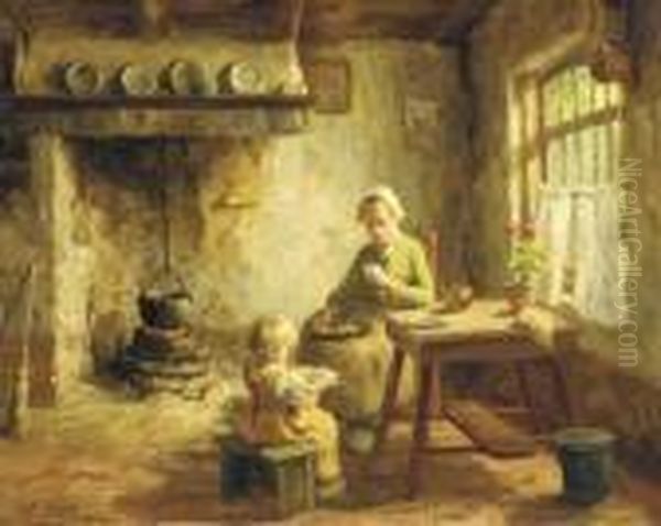 A Mother And Child In A Kitchen Interior Oil Painting by Evert Pieters