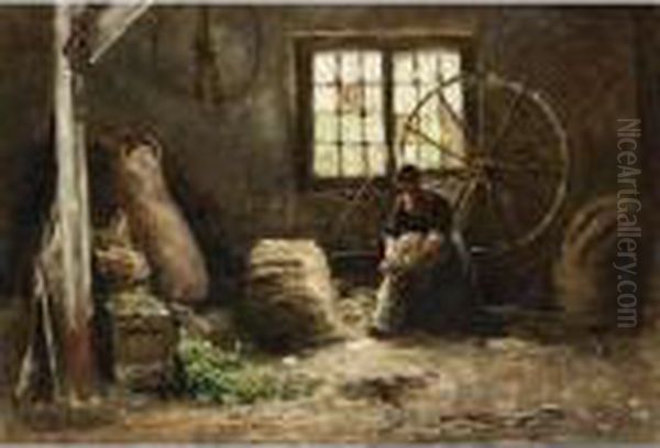 A Peasant Woman Combing Wool Oil Painting by Evert Pieters