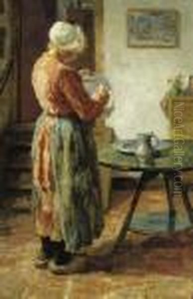 Houseproud: Caring For The Crockery Oil Painting by Evert Pieters