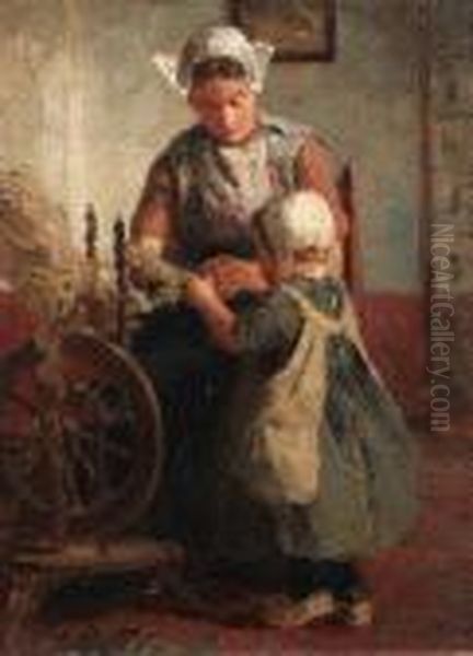 Helping Mother With The Spinning-wheel Oil Painting by Evert Pieters