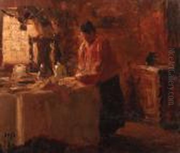 Woman In A Dutch Interior Setting The Table Oil Painting by Evert Pieters