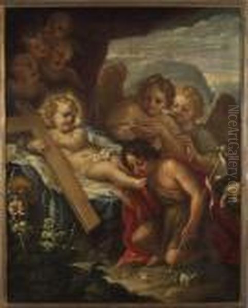 Gesu Bambino Con La Croce Adorato Dagli Angeli E Da San Giovannino Oil Painting by Pietro Da Cortona (Barrettini)