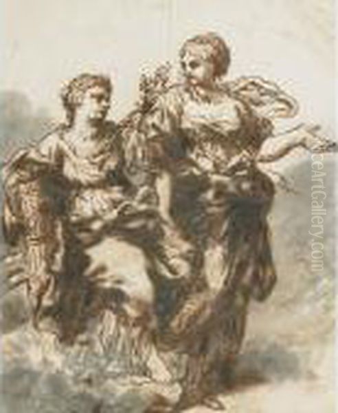 Two Female Allegorical Figures Oil Painting by Pietro Da Cortona (Barrettini)