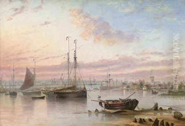 Shipping in the harbour at dusk Oil Painting by Henry Redmore