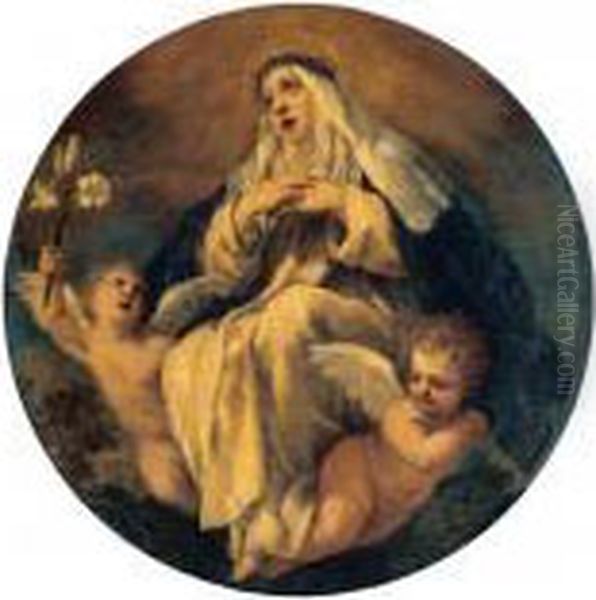 Saint Catherine Of Siena With Two Putti Oil Painting by Pietro Da Cortona (Barrettini)