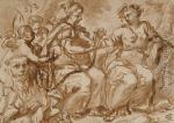 Allegorical Figures With A Lion Oil Painting by Pietro Da Cortona (Barrettini)