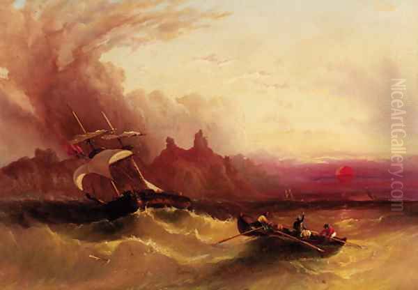 Shipping off the coast in choppy seas at sunset Oil Painting by Henry Redmore