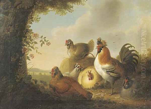 A cockerel and chickens in a wooded landscape Oil Painting by Philip Reinagle