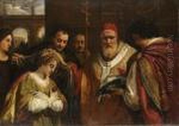 Saint Domitilla Receiving The Veil From Pope Clement Oil Painting by Pietro Da Cortona (Barrettini)