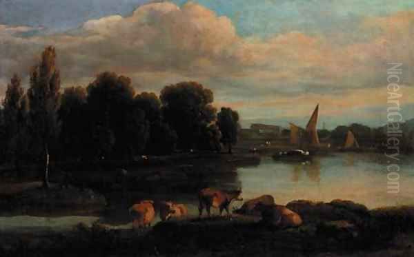 Cattle on the bank of a river with a town beyond Oil Painting by Ramsay Richard Reinagle