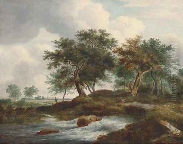 Figures resting by a river in a Dutch landscape Oil Painting by Ramsay Richard Reinagle