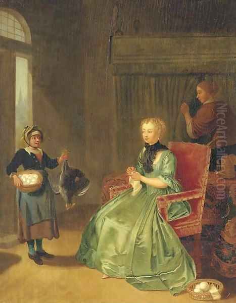 A lady seated in an interior, with a maidservant and a girl holding a chicken and basket of eggs Oil Painting by Tibout Regters