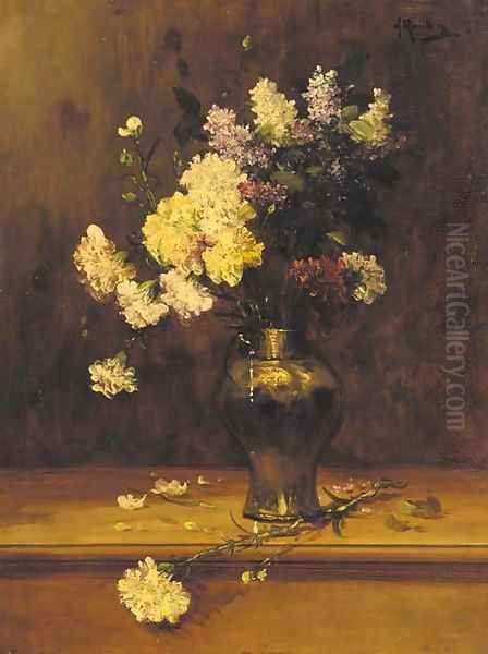 Geraniums and lilac in a copper vase Oil Painting by Alfred Rouby