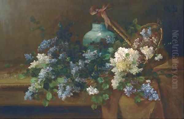 Carnations, hyacinths and other summer flowers overflowing from a basket by a vase on a draped table Oil Painting by Alfred Rouby