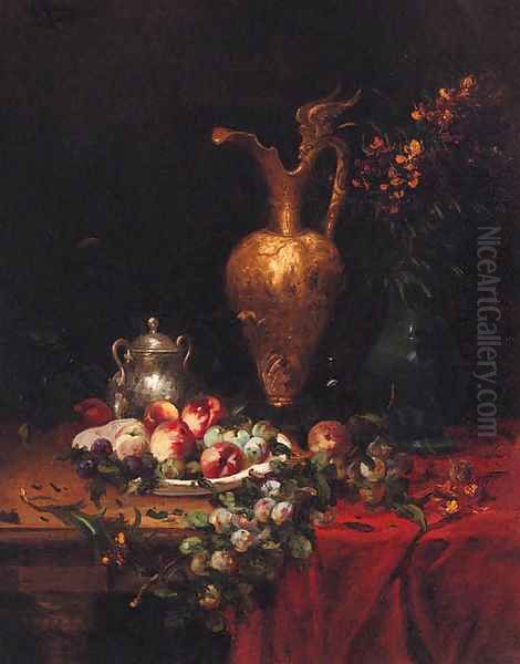 Plums and Apples on a Table Oil Painting by Alfred Rouby