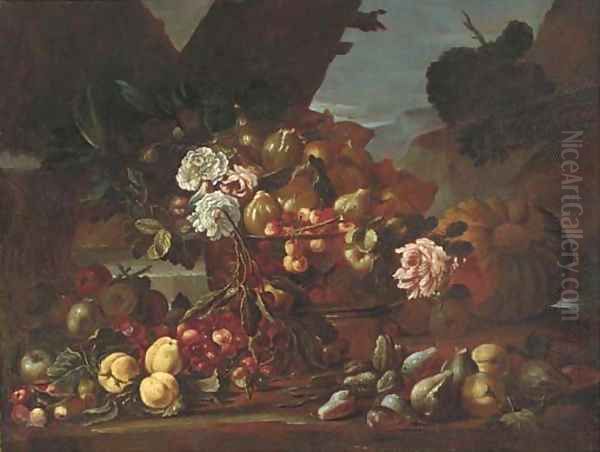 Cherries, figs, and roses in a glass bowl with apples, figs and cherries on a ledge in a clearing Oil Painting by Felice Rubbiani