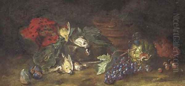 A watermelon, figs, dead birds and grapes on the vine in a clearing Oil Painting by Felice Rubbiani