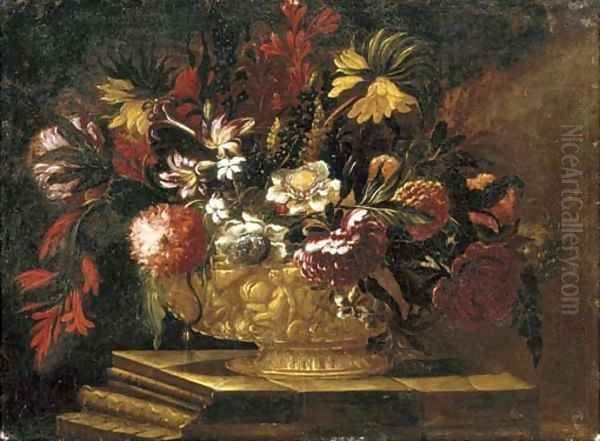 Flowers in a decorative gold vase on a stone plinth Oil Painting by Giuseppe Recco