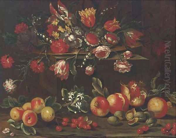 Carnations, tulips, roses, narcissi and other flowers in a dish on a ledge with pomegranates, cherries and nuts below Oil Painting by Giuseppe Recco