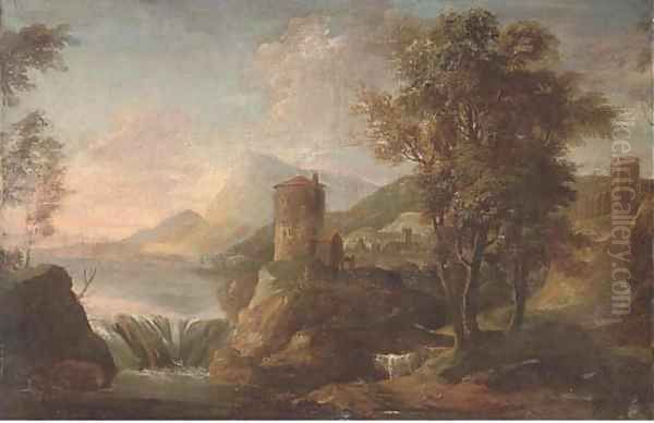 A landscape with figures under a tower by a waterfall Oil Painting by Sebastiano Ricci