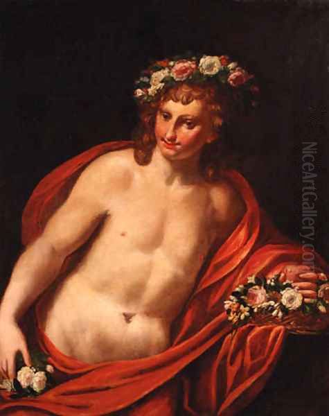 A young man with a floral wreath with a basket of flowers, holding a heart Oil Painting by Sebastiano Ricci