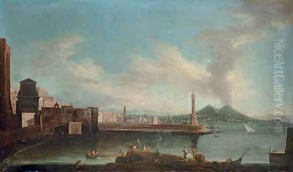 The Bay of Naples, looking towards the Lanterna del Molo, with Vesuvius beyond Oil Painting by Tommaso Ruiz