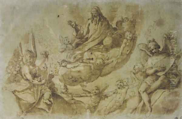 God the Father surrounded by angels and cherubim Oil Painting by da Reggio Raffaellino