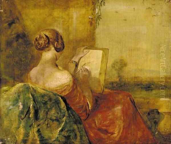 A lady sketching on a terrace Oil Painting by George Richmond