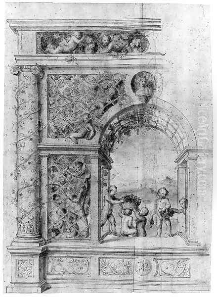 Putti harvesting Grapes from a Vine under an Arch decorated with a Bust of a Woman Oil Painting by Giulio Pippi, Called Giulio Romano