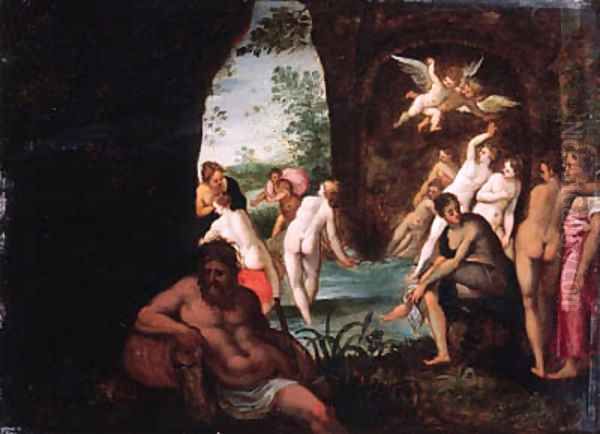 Actaeon surprising Diana and her nymphs in a grotto, a river god in the foreground Oil Painting by Johann Rottenhammer