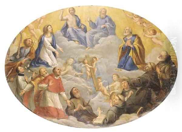 The Trinity adored by the Madonna, Saints Francis and Ignatius of Loyola and other Saints Oil Painting by Johann Rottenhammer