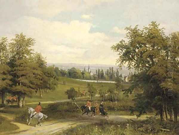 A hunting party on a wooded track with an extensive landscape beyond Oil Painting by Wilhelm August Rieder