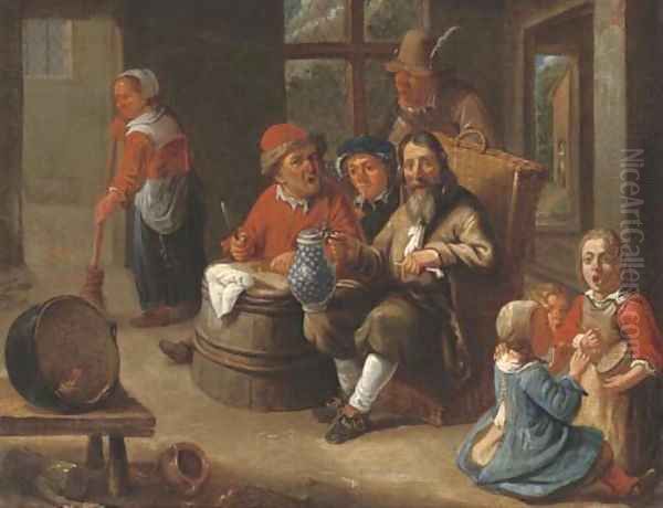 Peasants smoking and drinking with children making music and an old woman in an interior Oil Painting by Adriaen Rombouts