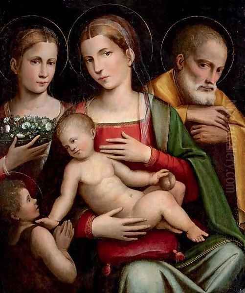 The Holy Family with the Infant Saint John the Baptist and Saint Elizabeth Oil Painting by Giacomo Raibolini