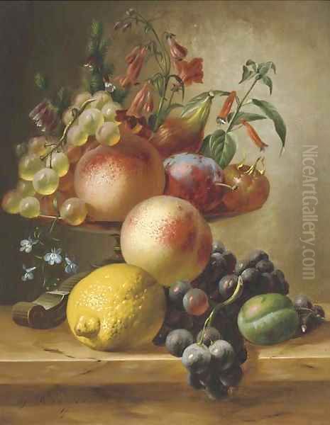 Still life with fruit on a ledge Oil Painting by Johannes Jun Reekers