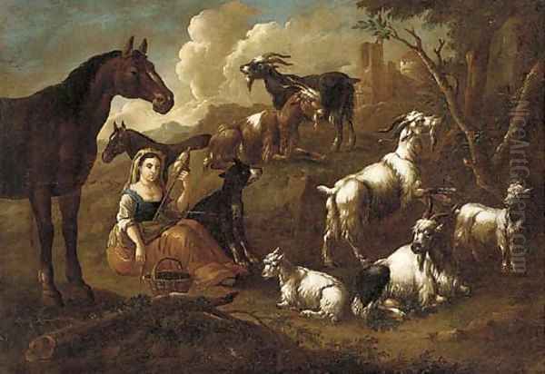 A shepherdess spinning wool with goats, horses and a dog nearby Oil Painting by Cajetan Roos