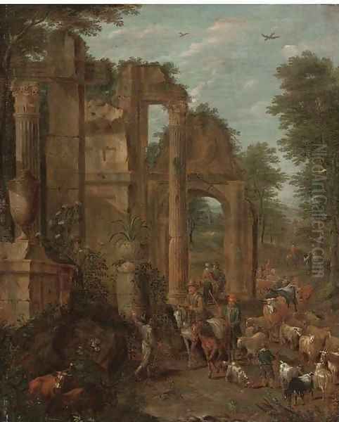 A landscape with shepherds, drovers and their flocks on a wooded track by classical ruins Oil Painting by Cajetan Roos