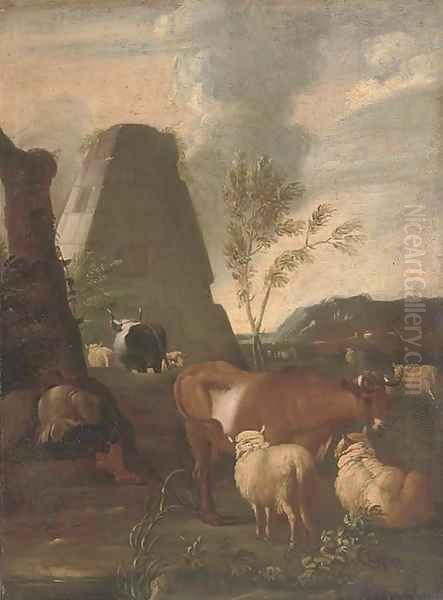 A drover resting by his cattle, a pyramid beyond Oil Painting by Johann Heinrich Roos