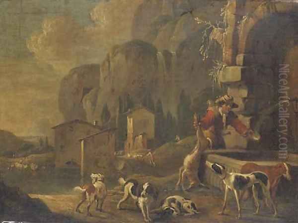 A hunter at a fountain in a landscape Oil Painting by Johann Heinrich Roos