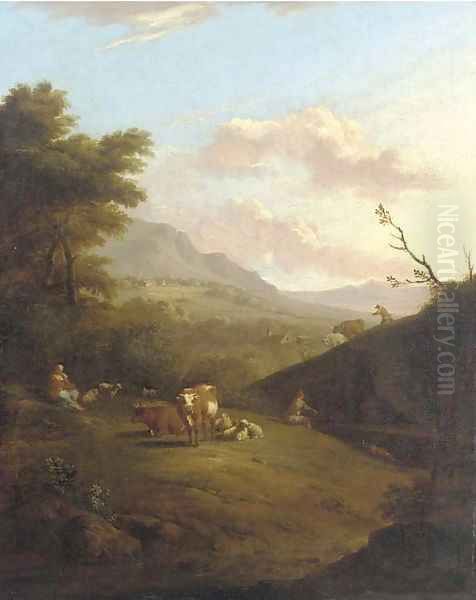 A mountainous landscape with peasants herding a cattle and a village beyond Oil Painting by Johann Heinrich Roos