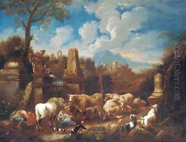 An Italianate landscape with a peasant family resting with cattle and sheep amongst ruins Oil Painting by Johann Heinrich Roos