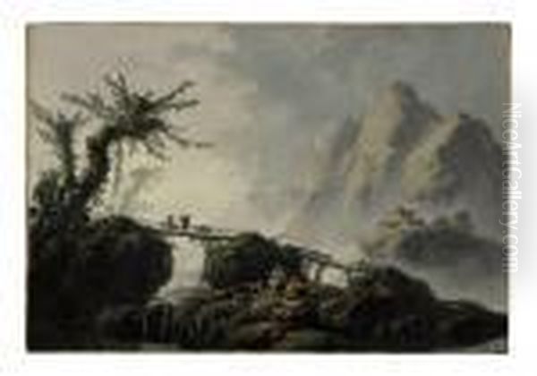 A Mountainous Landscape With Goatherds Crossing A Bridge Oil Painting by Jean-Baptiste Pillement