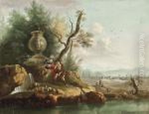 An Extensive River Landscape With A Shepherd And Shepherdess Oil Painting by Jean-Baptiste Pillement