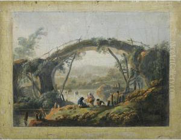 A Pair Of River Landscapes With Figures Approaching A Bridge Oil Painting by Jean-Baptiste Pillement