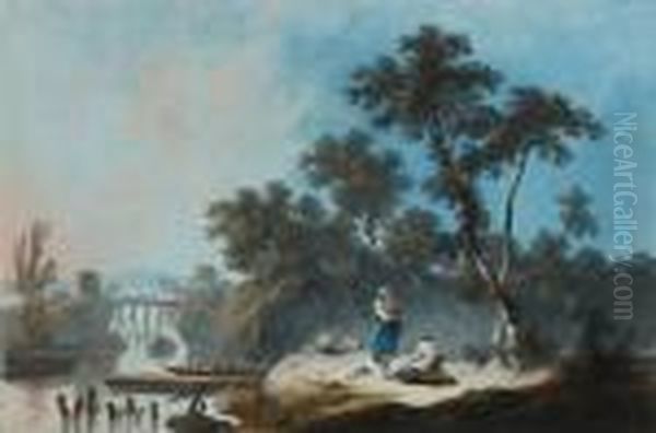 Paysage Fluvial Anime Oil Painting by Jean-Baptiste Pillement